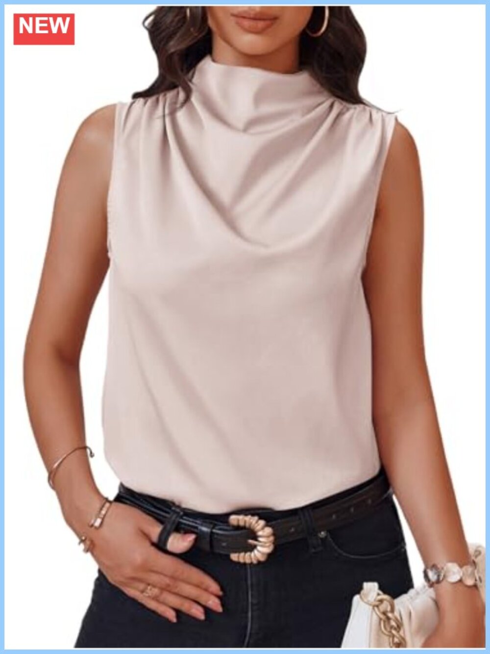 Women's Mock Neck Satin Sleeveless Tank Top Ruched Business Casual Blouse